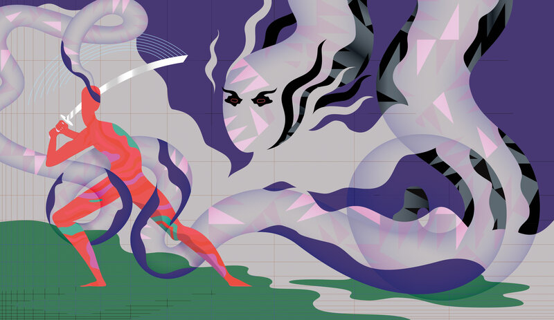 Red Warrior Fighting Serpent