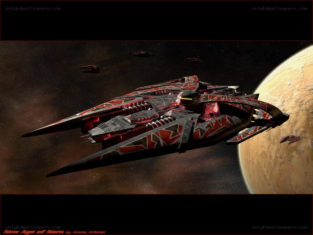 Red warship in space