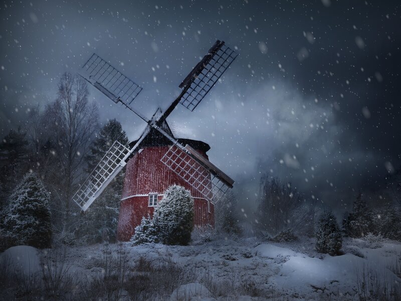 Red Windmill in Snow