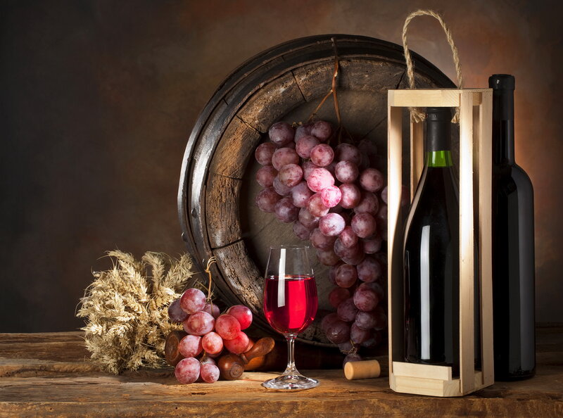 Red Wine and Grapes — Brown, Dramatic, Photograph