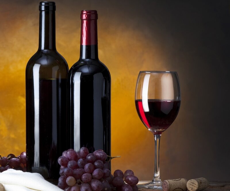 Red Wine and Grapes — Brown, Dramatic, Photograph, Wine Bottles