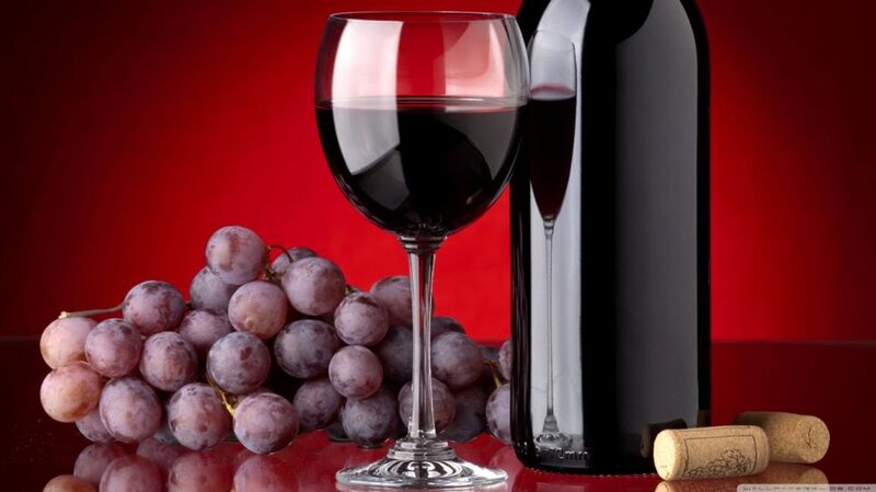 Red Wine and Grapes — Dramatic, Photograph, Wine Bottle
