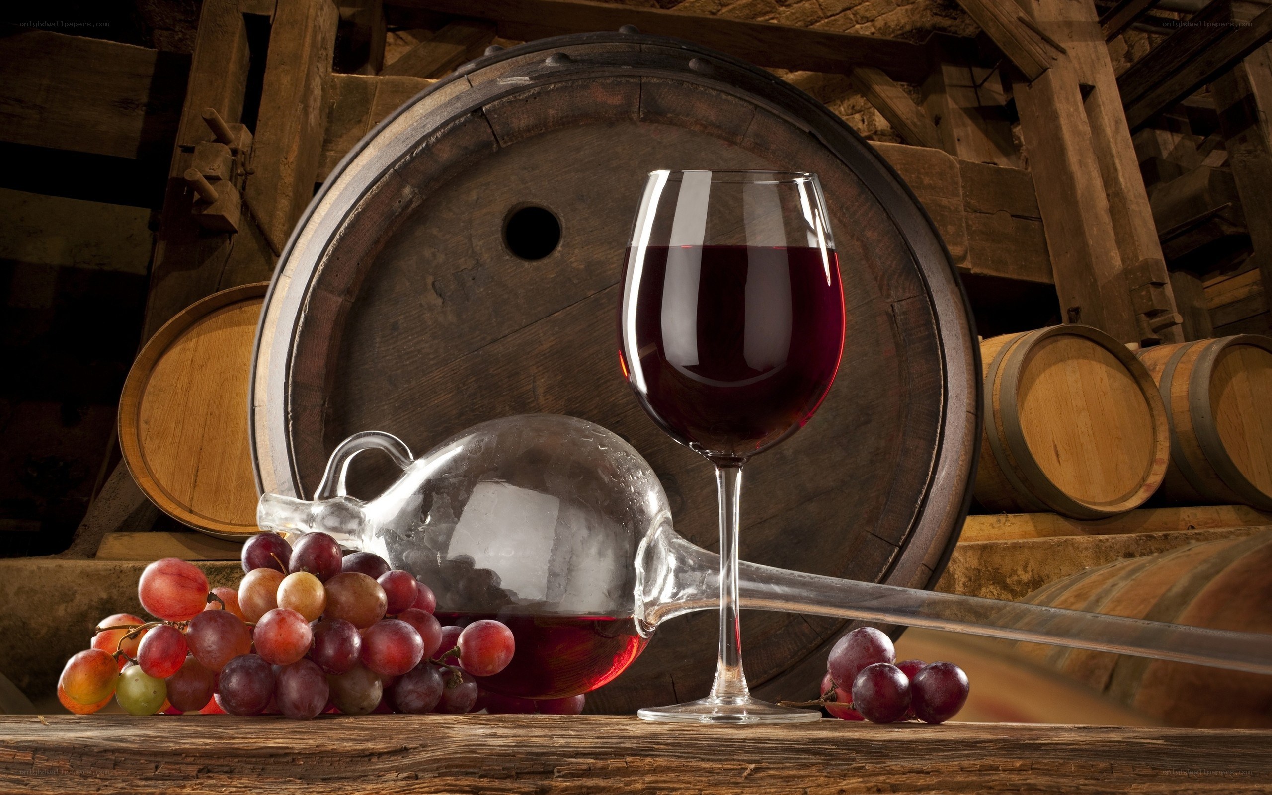 Red wine and grapes in cellar