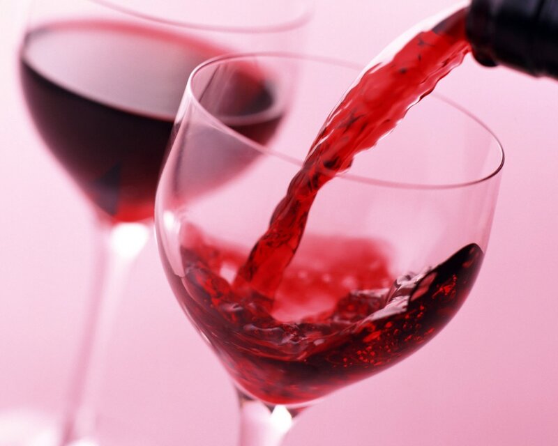 Red Wine Being Poured — Calm, Photograph, Wine Glass, Bottle, Pink