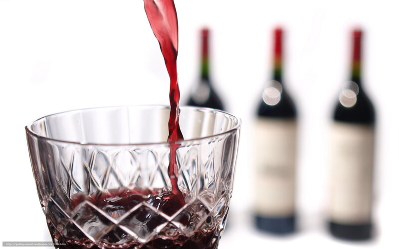 Red Wine Being Poured — Calm, Photograph, Wine Glass, Bottles