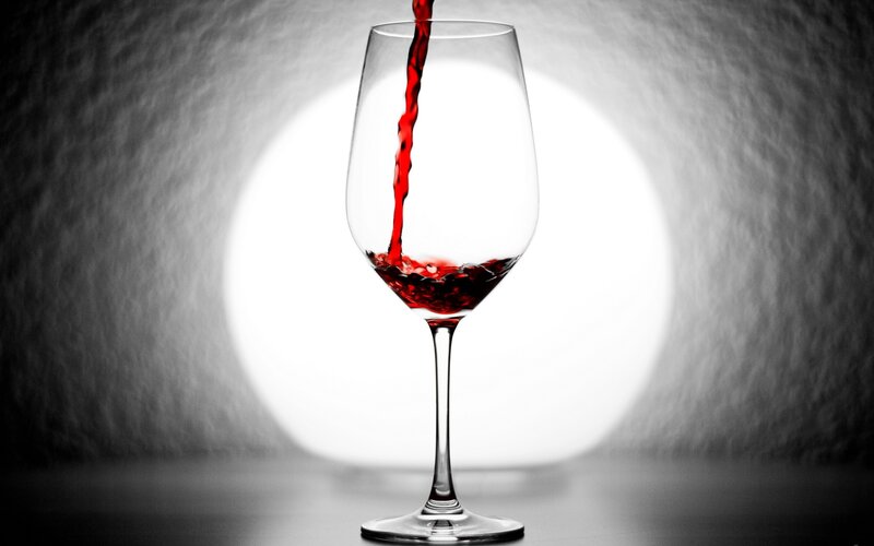 Red Wine Being Poured — Dramatic, Photograph, Wine Glass, Liquid