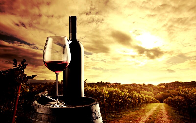 Red Wine Bottle and Glass — Yellow