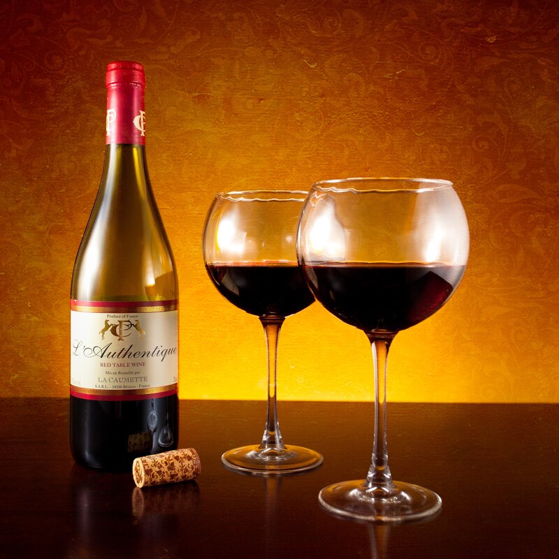 Red wine bottle and glasses