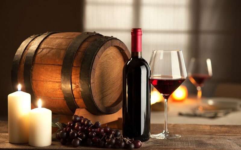 Red Wine Bottle and Grapes — Brown