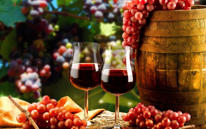 Red Wine Glasses and Grapes