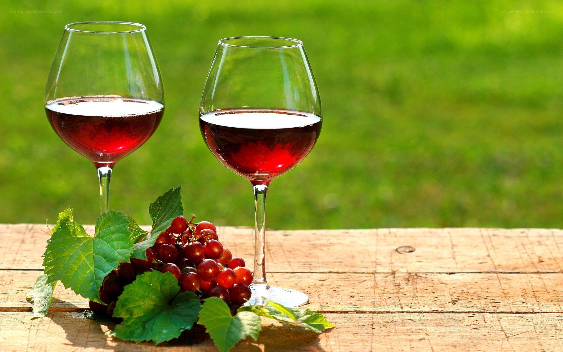 Red wine glasses with grapes