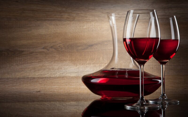 Red Wine in Glasses — Dramatic, Photograph, Wine Decanter, Wood Surface