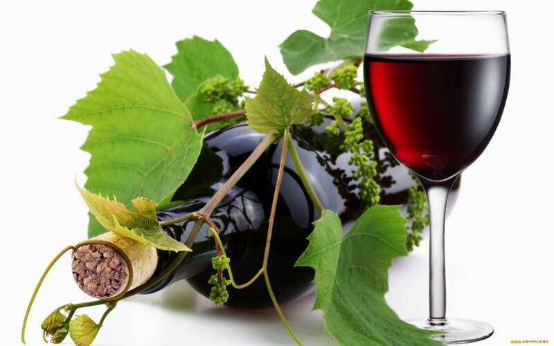 Red wine with grape leaves