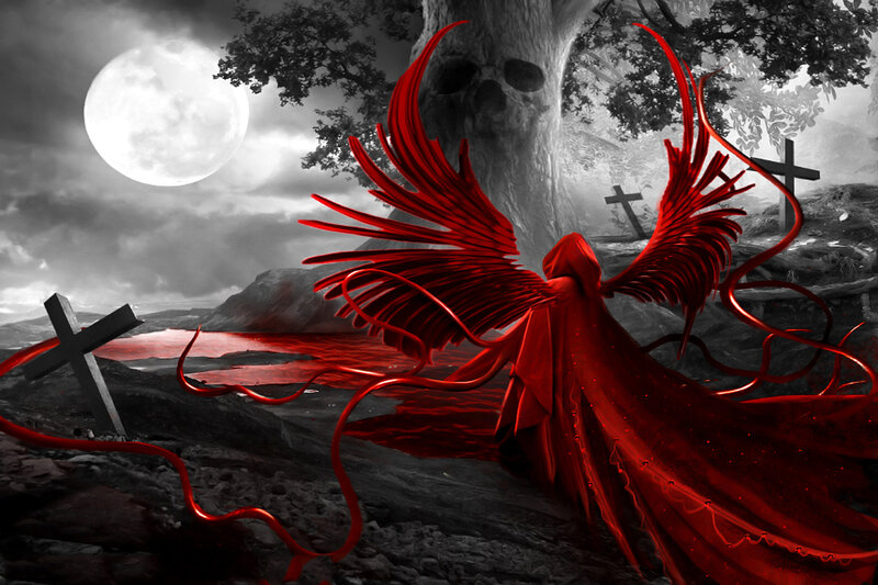 Red-winged Figure in Graveyard — Red
