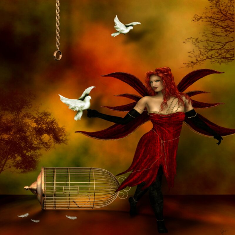 Red-winged Woman with Doves