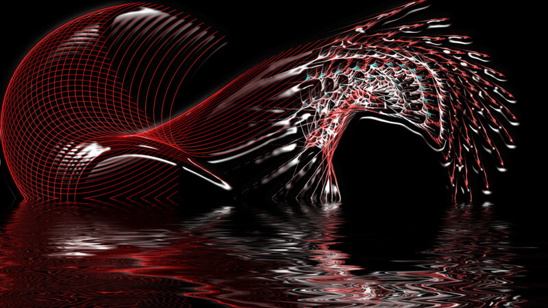 Red wireframe sphere with abstract tendrils