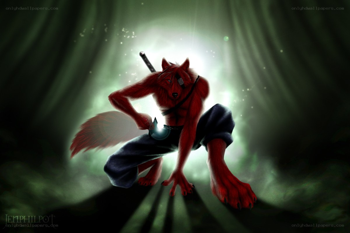 red wolf warrior in green light