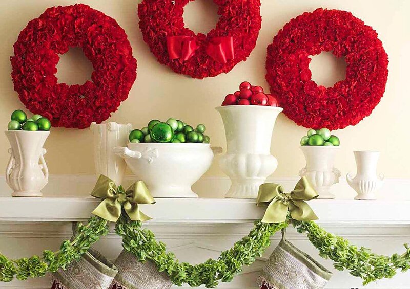 Red Wreaths on Mantel