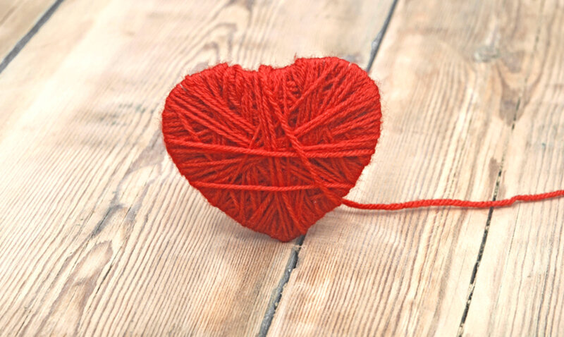 Red Yarn Heart — Calm, Photograph, Wooden Surface