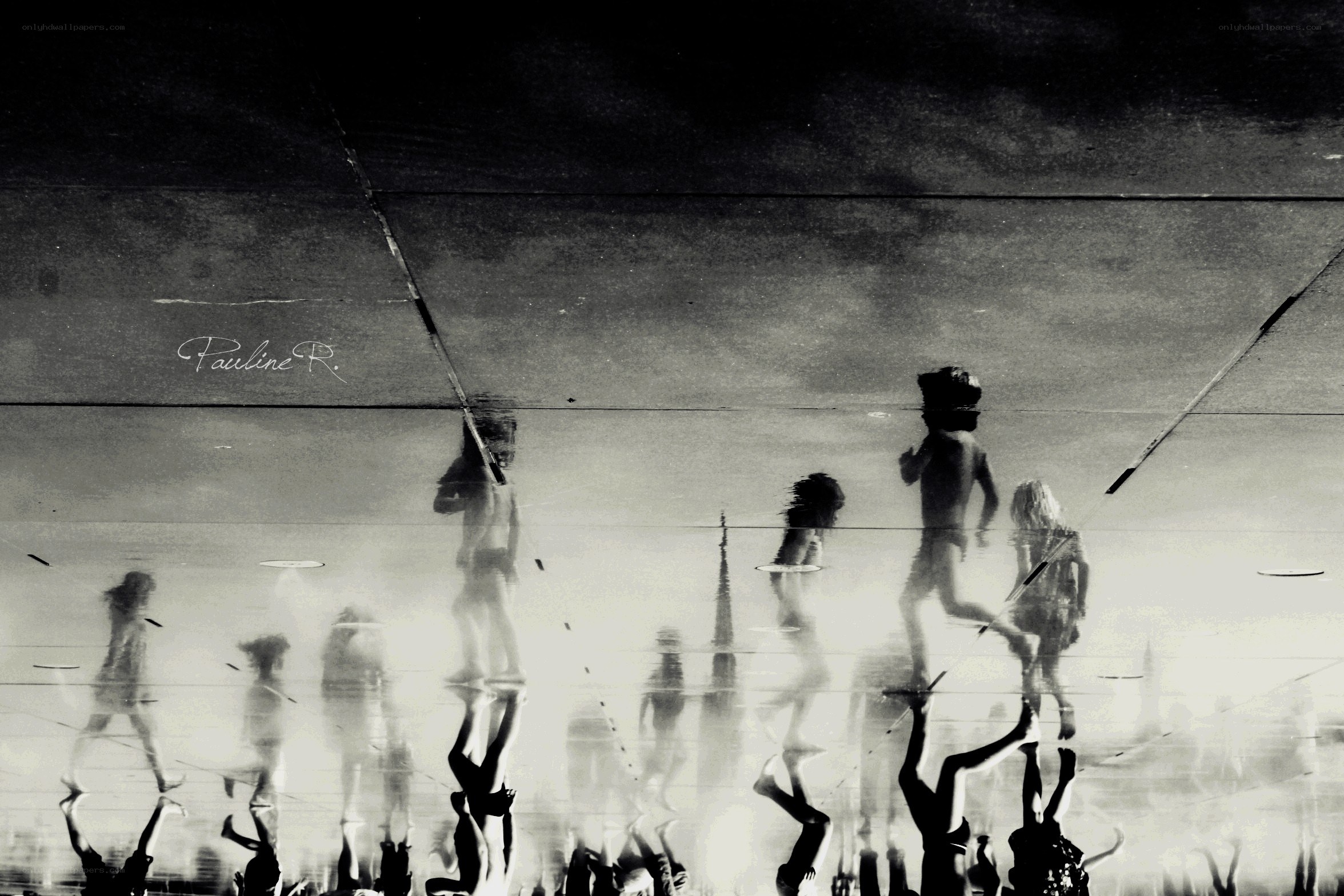 Reflections of people walking