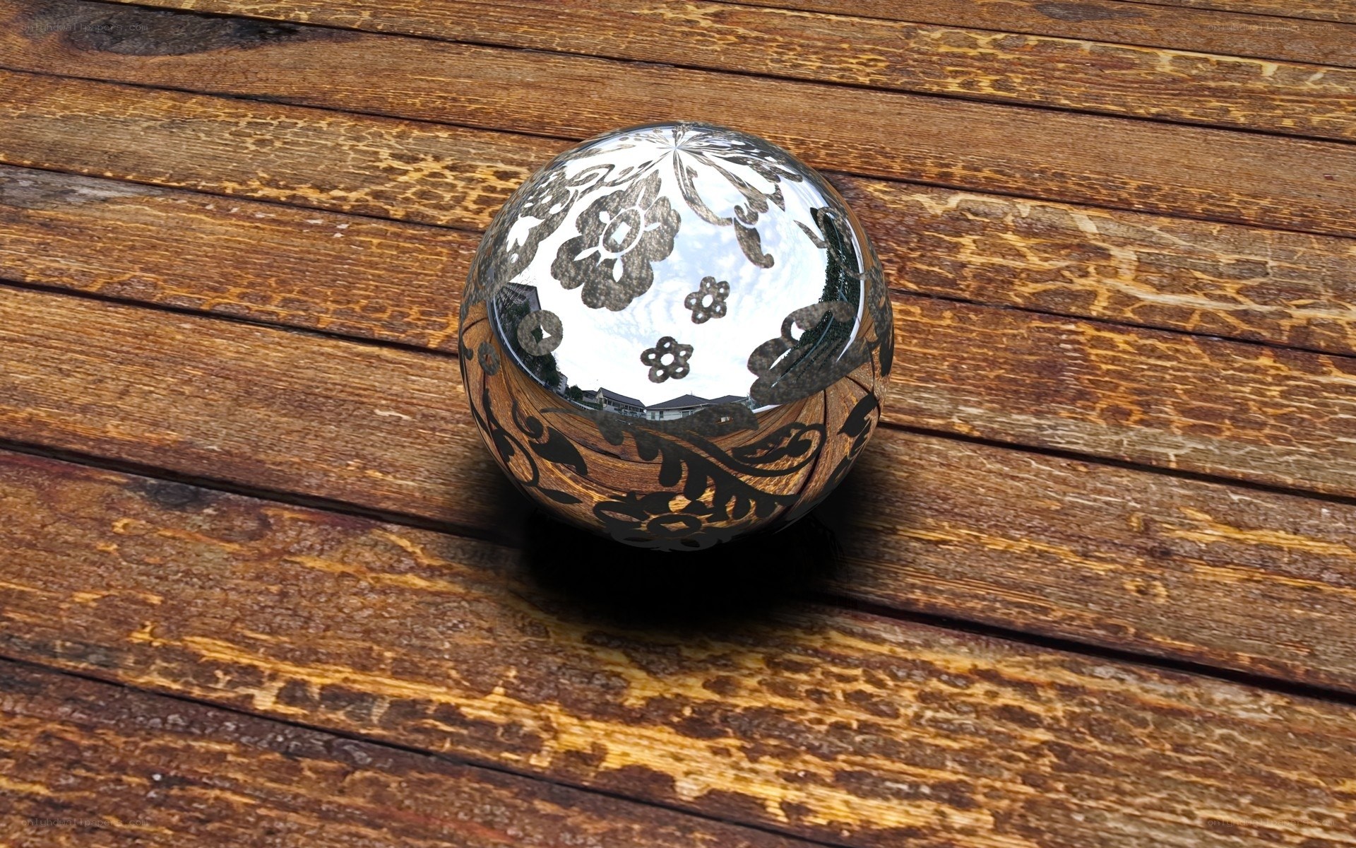 Reflective sphere on wood