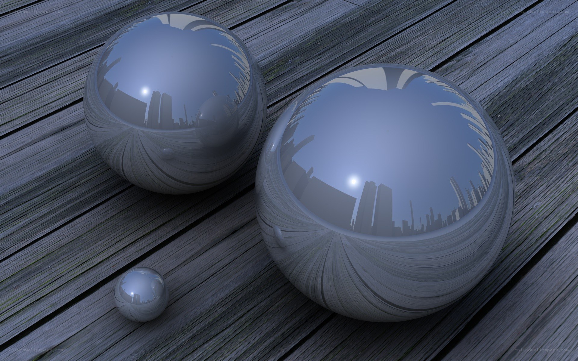 Reflective spheres on wood
