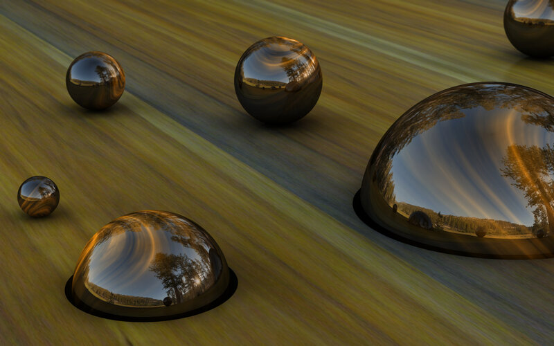 Reflective spheres on wooden surface