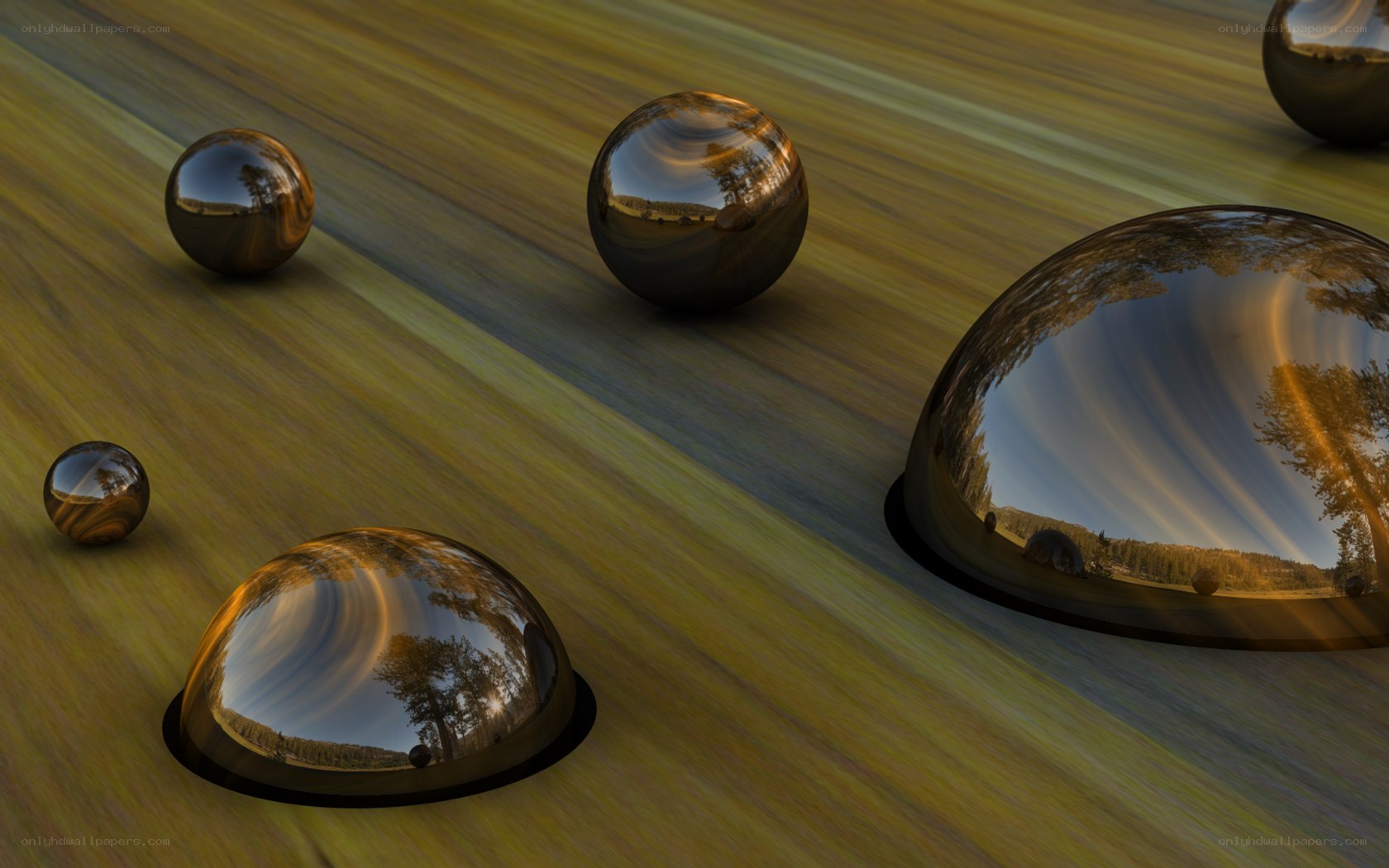 Reflective spheres on wooden surface