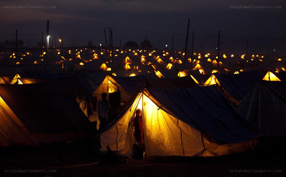 Refugee camp at night