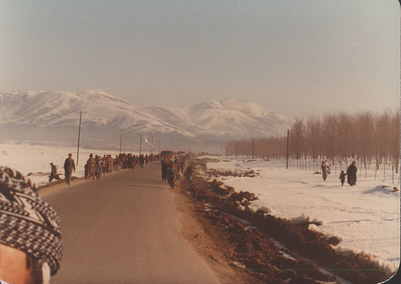Refugees on a snowy road