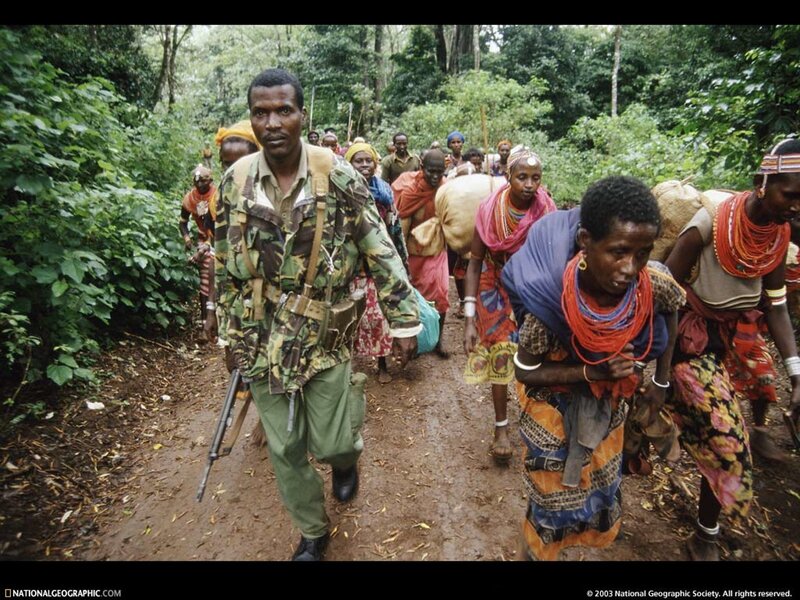 Refugees with armed escort