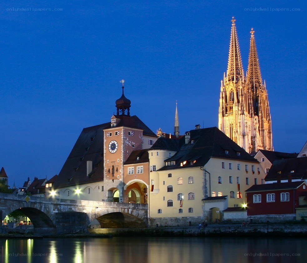 Regensburg at dusk with cathedral
