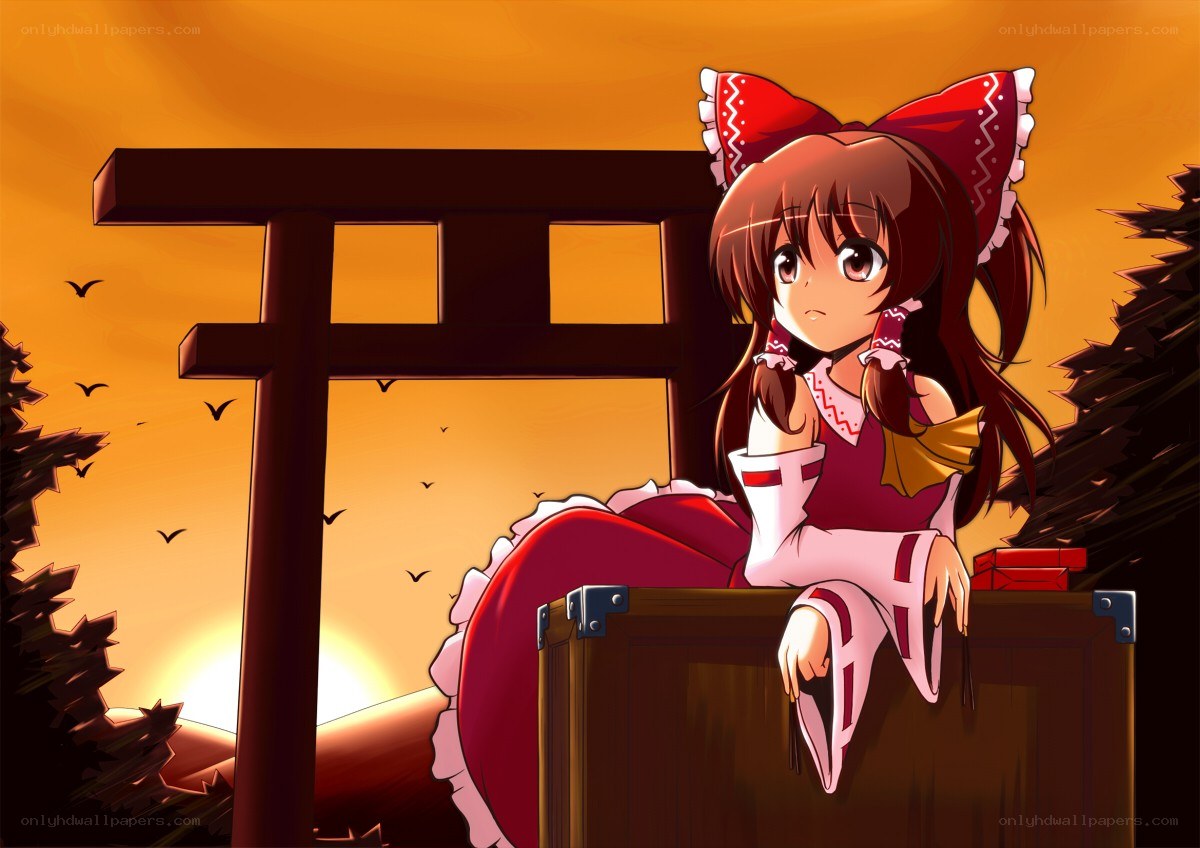 Reimu at sunset by a shrine