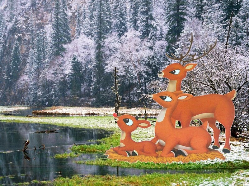 Reindeer Family in Snow