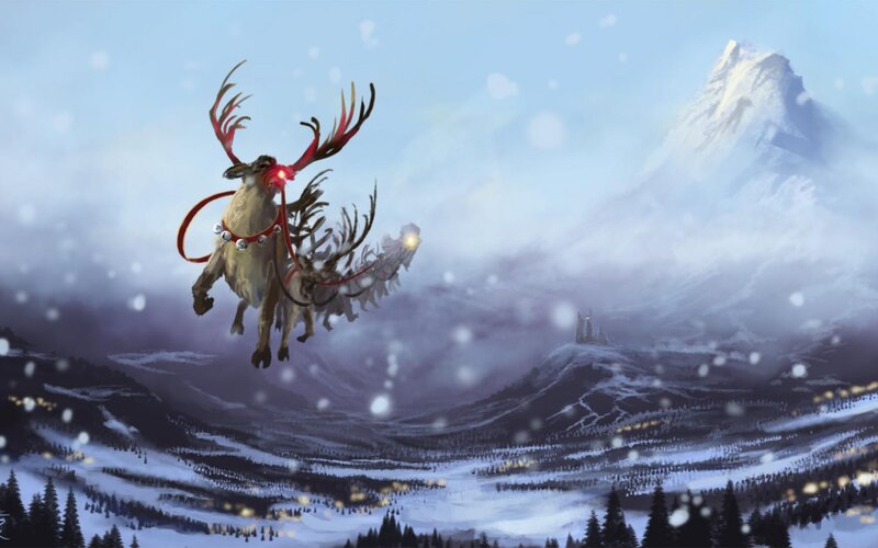 Reindeer Flying over Mountains