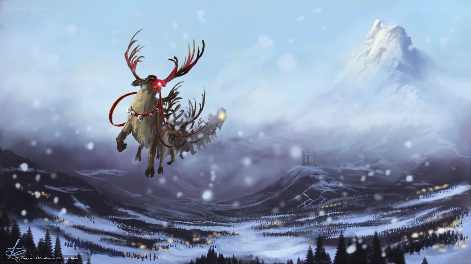 Reindeer flying over snowy mountains