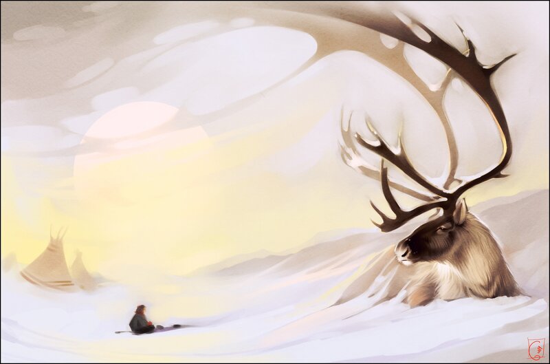 Reindeer in Snow — White, Serene, Winter, Digital Art