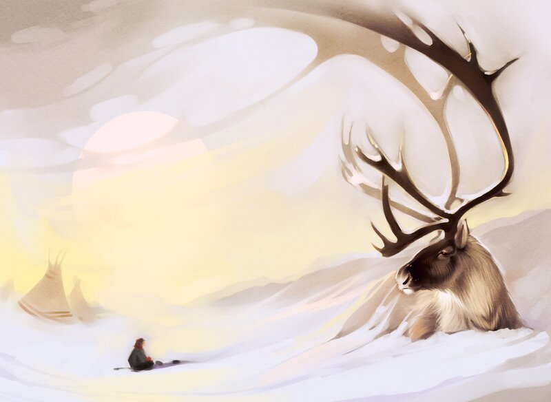 Reindeer in Snow — White, Serene, Winter, Illustration