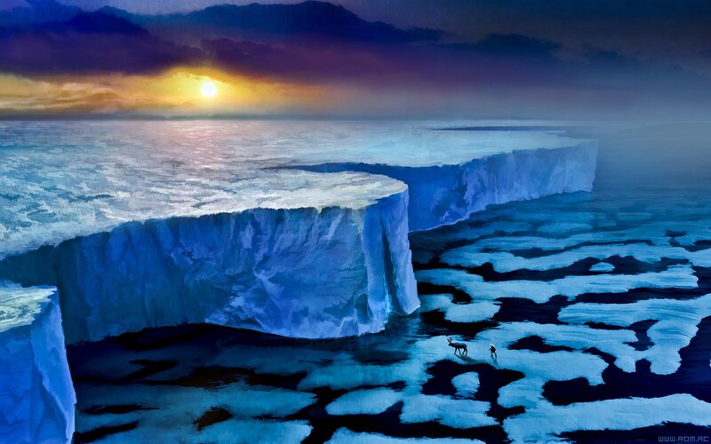 Reindeer on Ice — Blue, Dramatic, Sunset