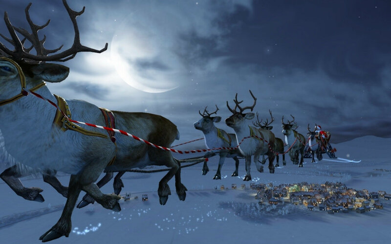 Reindeer Pulling Sleigh — Blue, Festive, Night