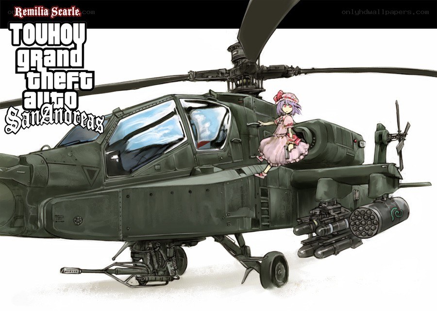 Remilia Scarle on Apache helicopter