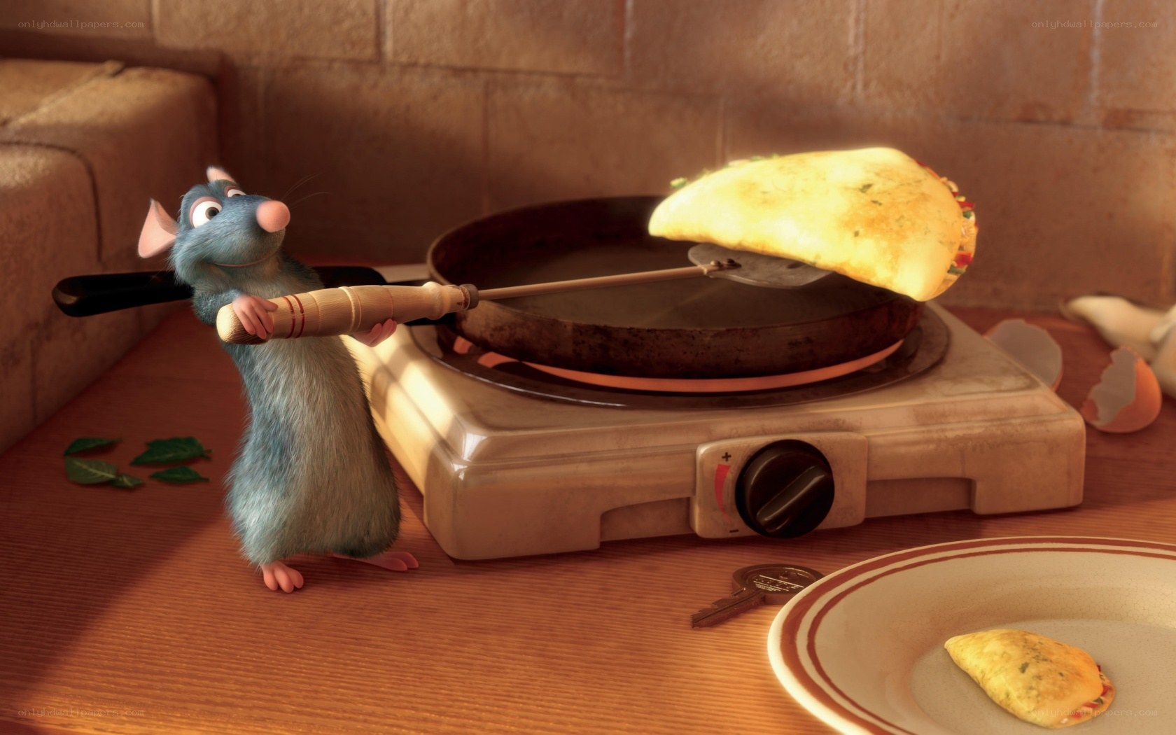 Remy cooking omelette