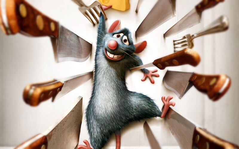 Remy from Ratatouille surrounded by knives