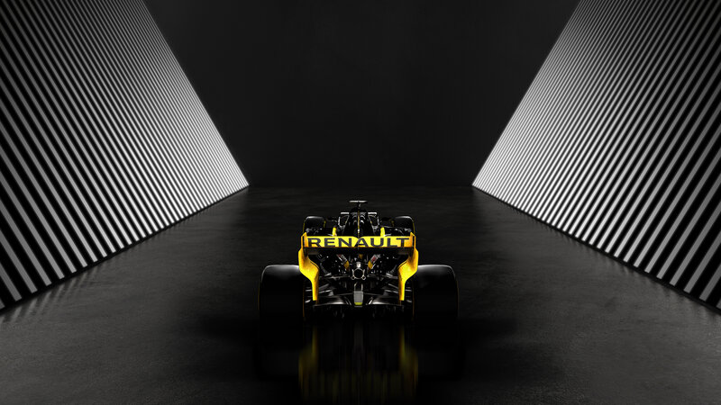 Renault Formula 1 Car — Black, Dramatic, 3d Render, Tunnel