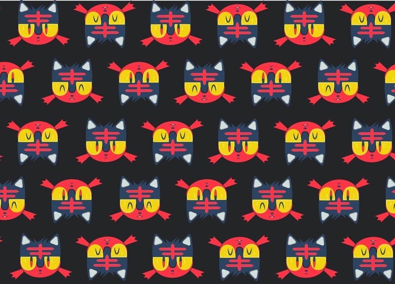 Repeating Cat Mask Pattern — Black