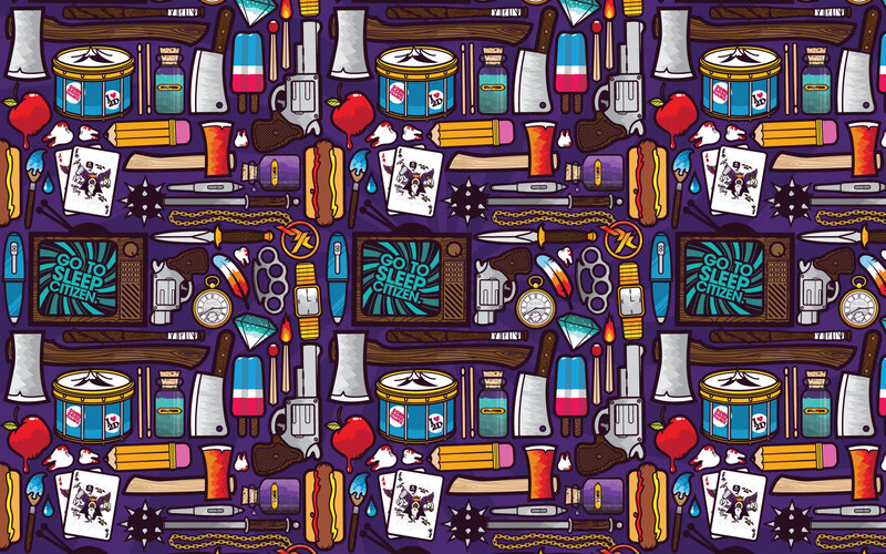repeating pattern with weapons and objects
