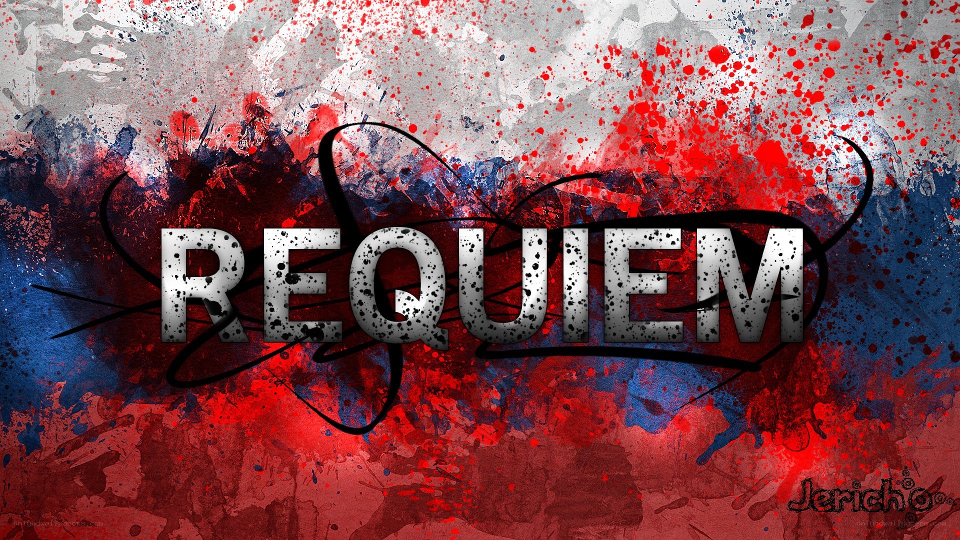 Requiem text on splattered background