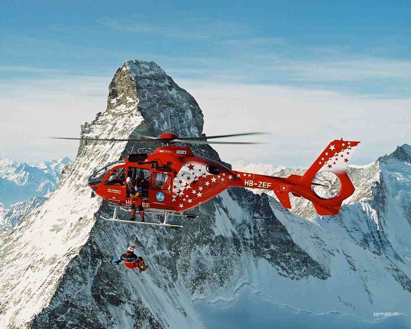 Rescue Helicopter in Mountains — Red, Dramatic