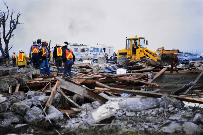 Rescue workers at disaster site