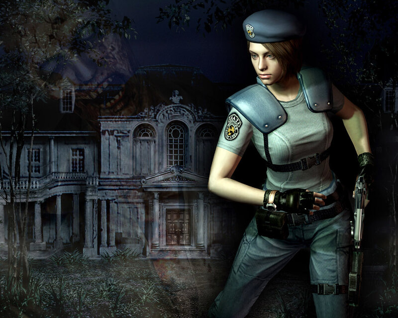 Resident Evil character in front of mansion